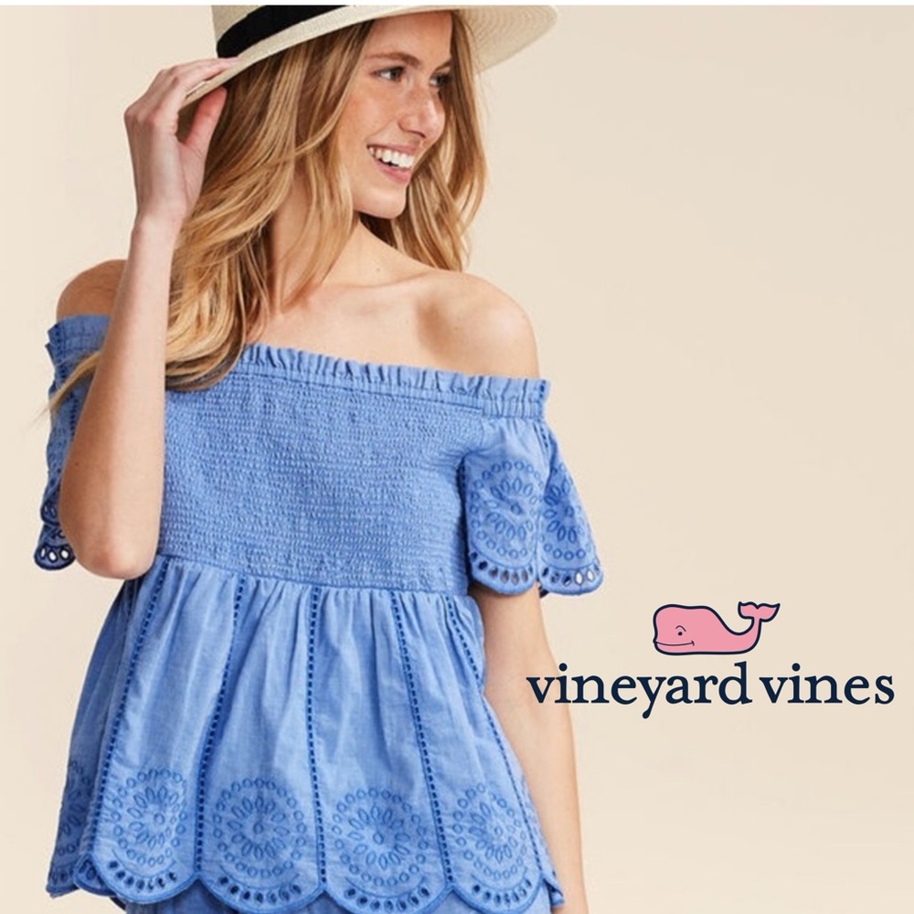 Vineyard Vines Off the Shoulder Blue Marlin Eyelet Smocked Top Size Medium